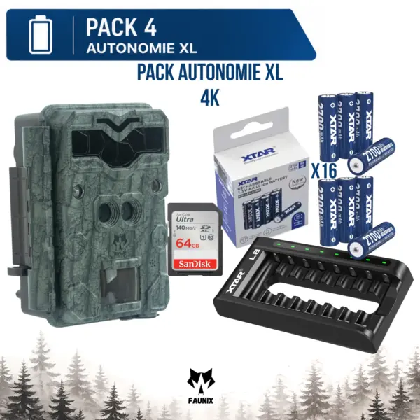 Pack Autonomie XL Faunix APEX 4K comprenant une caméra de chasse Ultra HD, une carte SD SanDisk Ultra 64 Go, 16 piles rechargeables XTAR AA Li-ion et un chargeur XTAR L8.