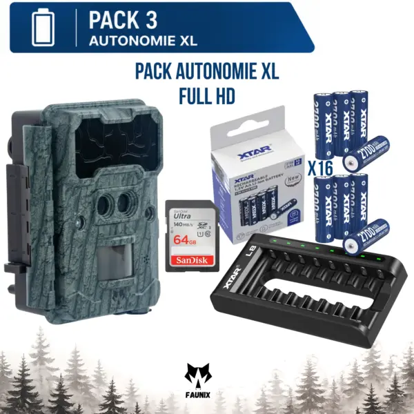 Pack Autonomie XL Faunix APEX Full HD comprenant une caméra de chasse Full HD, une carte SD SanDisk 64 Go, 16 piles rechargeables XTAR et un chargeur XTAR L8.
