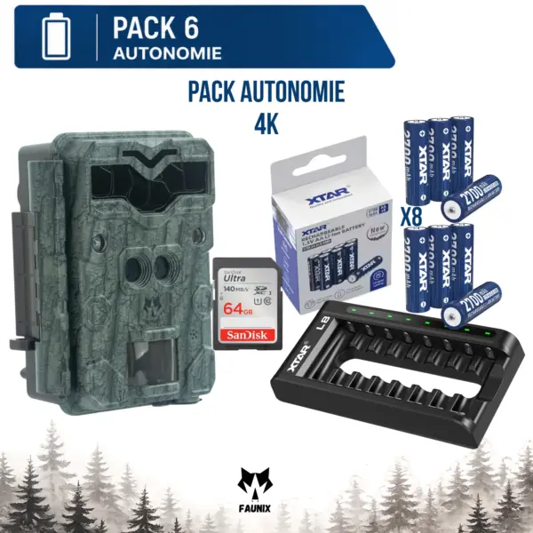 Pack Autonomie Faunix APEX 4K comprenant une caméra de chasse Ultra HD, une carte SD SanDisk Ultra 64 Go, 8 piles rechargeables XTAR AA Li-ion et un chargeur XTAR L8.