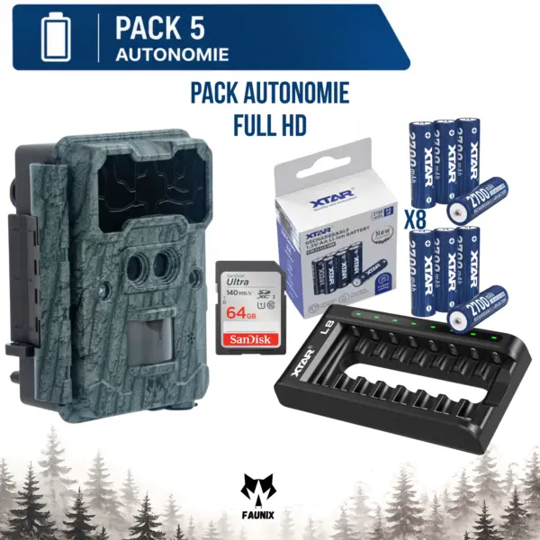 Pack Autonomie Faunix APEX Full HD comprenant une caméra de chasse Full HD, une carte SD SanDisk Ultra 64 Go, 8 piles rechargeables XTAR AA Li-ion et un chargeur XTAR L8.