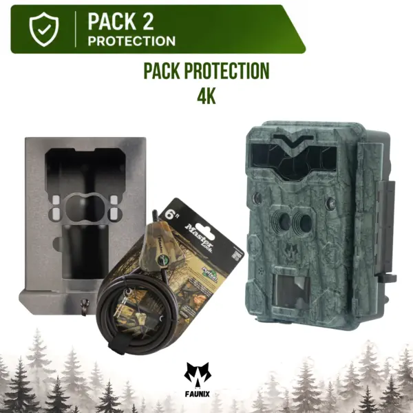 Pack Protection Faunix APEX 4K comprenant une caméra de chasse 4K, un boîtier de sécurité métallique et un câble antivol Python Master Lock.