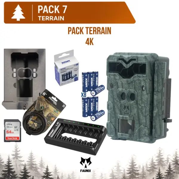 Pack Terrain Faunix APEX 4K comprenant une caméra de chasse Ultra HD, un boîtier de sécurité, un câble antivol Python, une carte SD SanDisk Ultra 64 Go, 8 piles rechargeables XTAR et un chargeur XTAR L8.