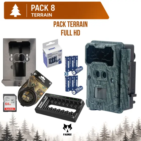 Pack Terrain Faunix APEX Full HD comprenant une caméra de chasse Full HD, un boîtier de sécurité, un câble antivol Python, une carte SD SanDisk Ultra 64 Go, 8 piles rechargeables XTAR et un chargeur XTAR L8.